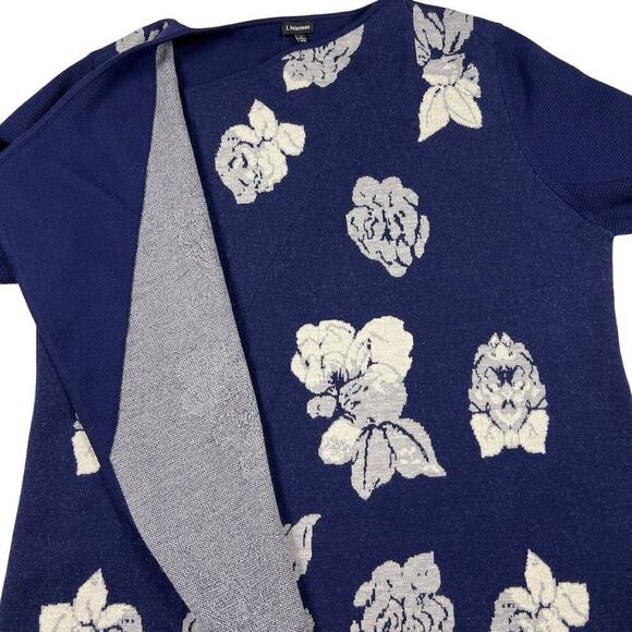 J. Peterman Navy Blue Floral Open Wrap Cardigan Sweater 100% Merino Wool Size L - Picture 7 of 13